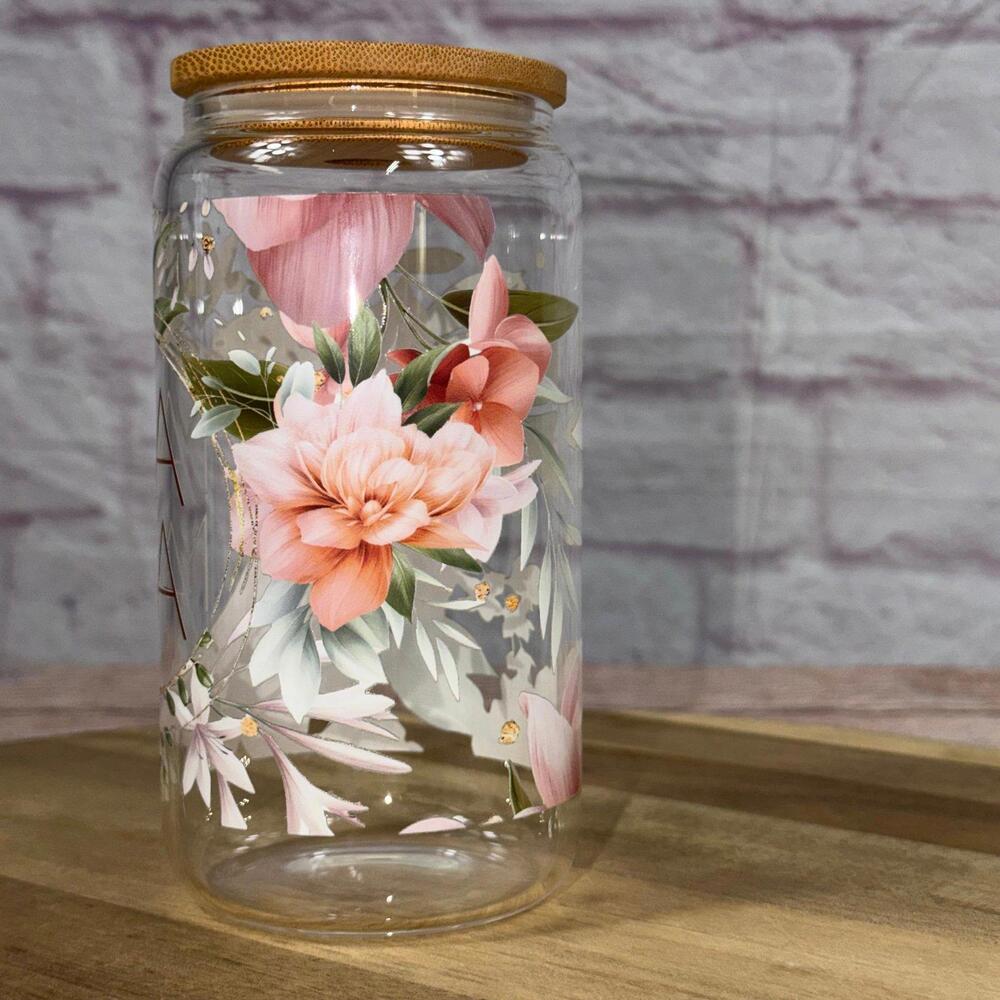 Floral 16oz Glass Tumbler with Bamboo Lid - 'MAMA' Design New - Picture 4 of 6